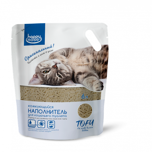 Комкующийся наполнитель для кошачьего туалета Happy Nose Tofu оригинальный, 6л