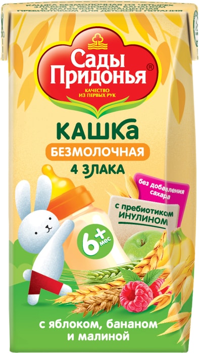 

Кашка мультизлаковая Сады Придонья 4 злака безмолочная с яблоком, бананом и малиной, с 6 месяцев 125 мл