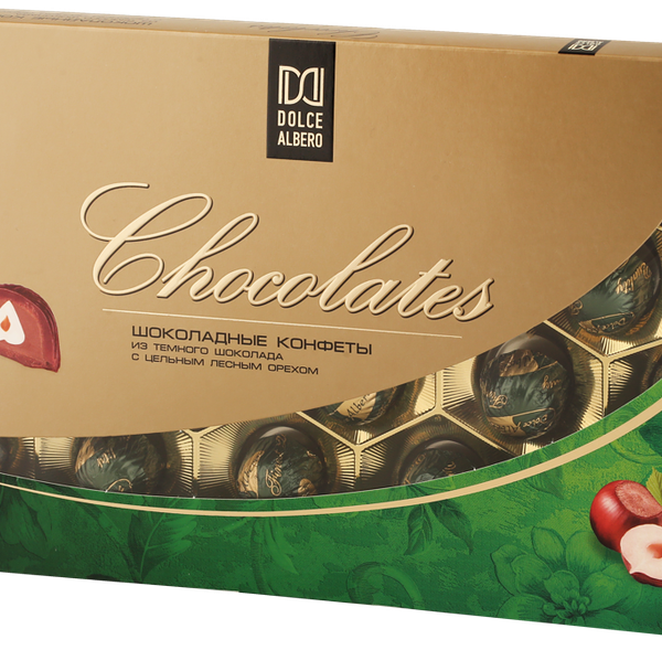 Конфеты DOLCE ALBERO из темного шоколада с цельным лесным орехом