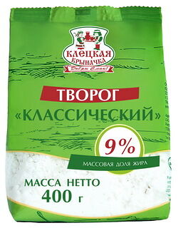 Творог КЛАССИЧЕСКИЙ жир. 9% пакет вес 400г КЛЕЦКАЯ КРЫНАЧКА