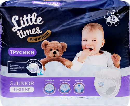 

Подгузники-трусики детские LITTLE TIMES Premium Junior 11–25кг, 36шт