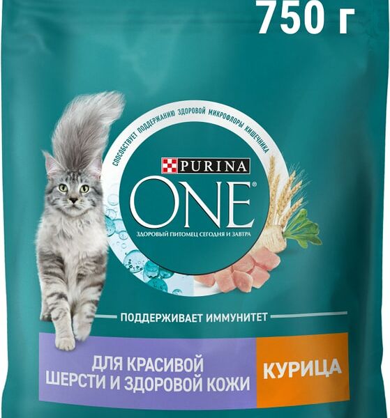 Сухой корм для кошек Purina ONE для красивой шерсти и здоровой кожи с курицей 750г