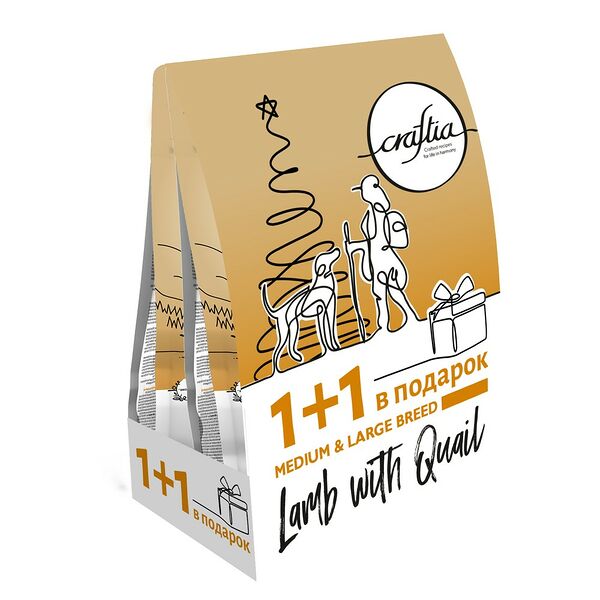 Корм для собак CRAFTIA для средних пород, ягненок с перепелкой сух. 640гх2 1+1 НАБОР
