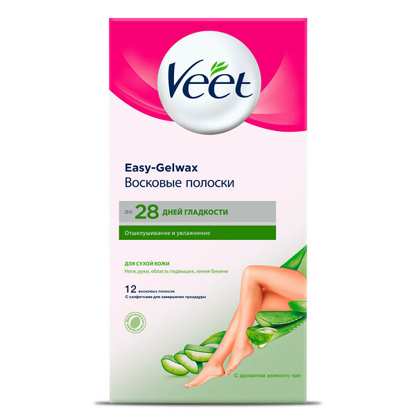 Восковые полоски Veet 12 шт для сухой кожи с алоэ вера и ароматом зелёного чая