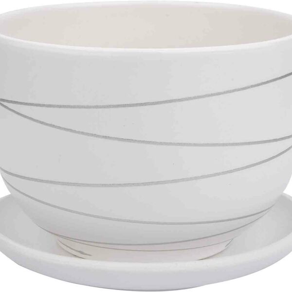 Горшок керамический с подставкой цвет: белый, серебристая полоска, 0,5 л