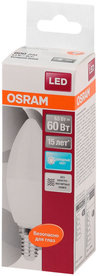 

Светодиодная лампа Osram холодный свет E14 6.5Вт свеча