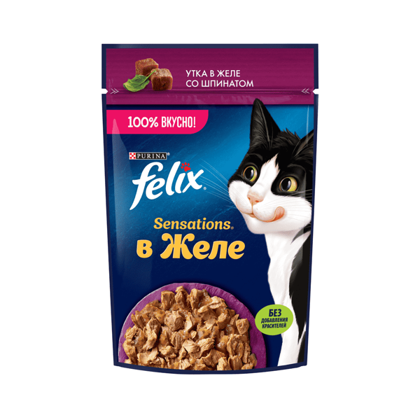 Корм для кошек Felix Sensations с уткой в желе со шпинатом