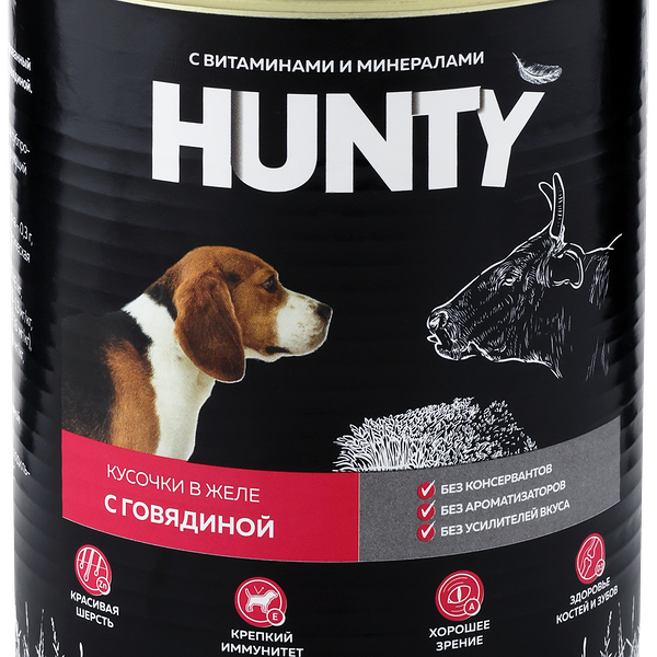 Корм консервированный для собак HUNTY сочные кусочки в желе с говядиной, 850г