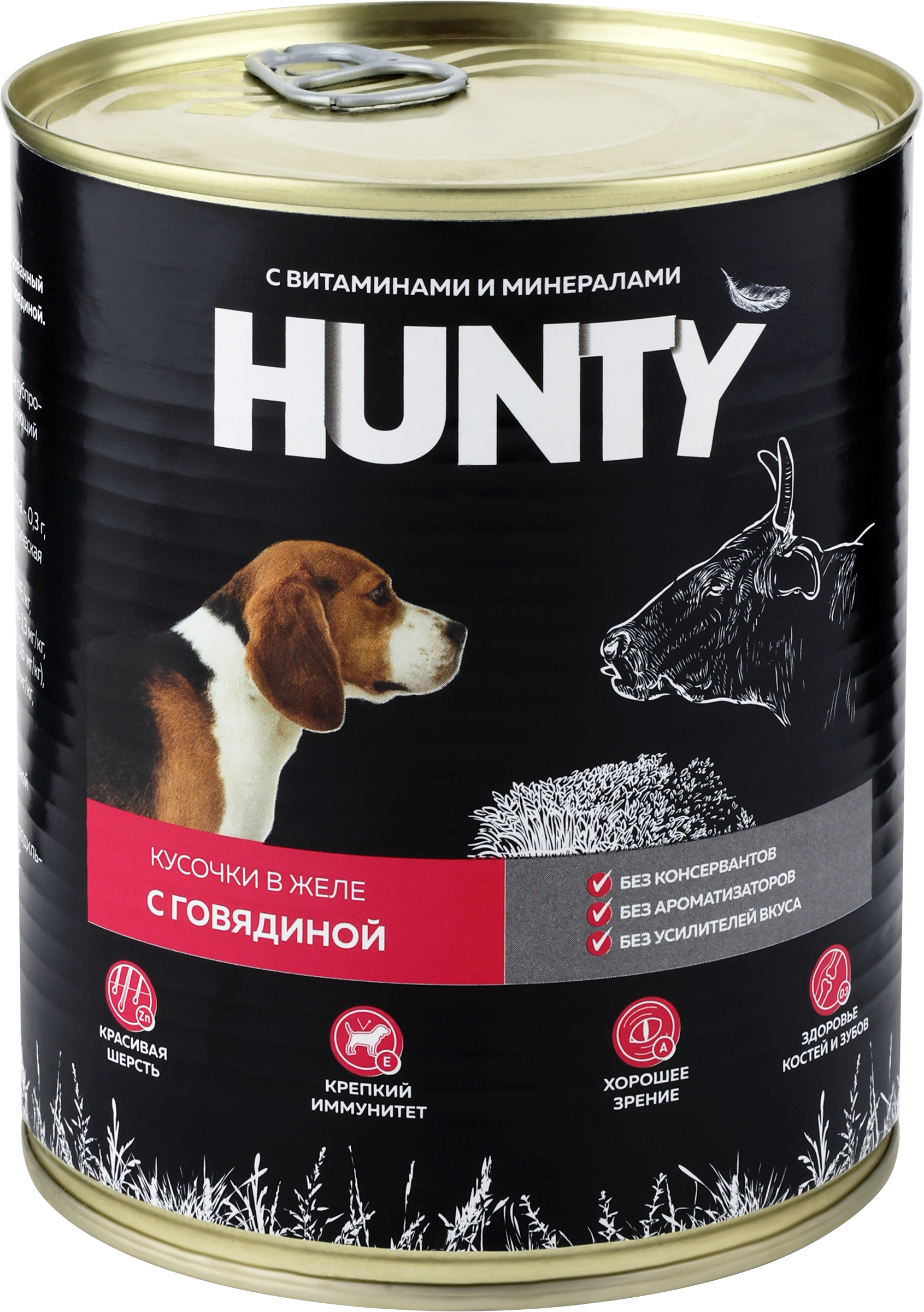 

Корм консервированный для собак HUNTY сочные кусочки в желе с говядиной, 850г