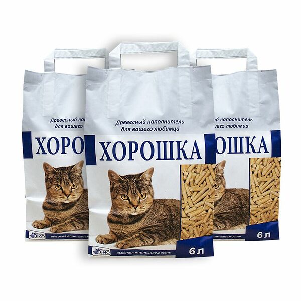 Наполнитель для кошачьего туалета ХОРОШКА древесный 6л (упаковка - 3 шт)