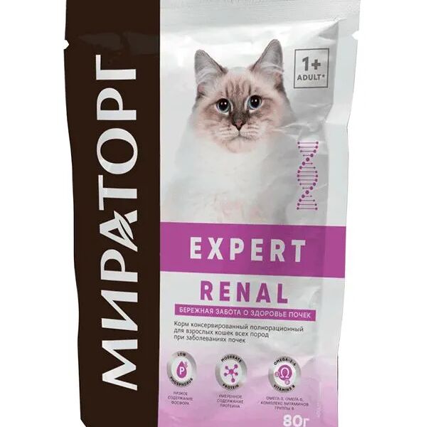 Корм консервированный полнорационный Expert Renal для взрослых кошек всех пород при заболеваниях почек 80г Winner Мираторг