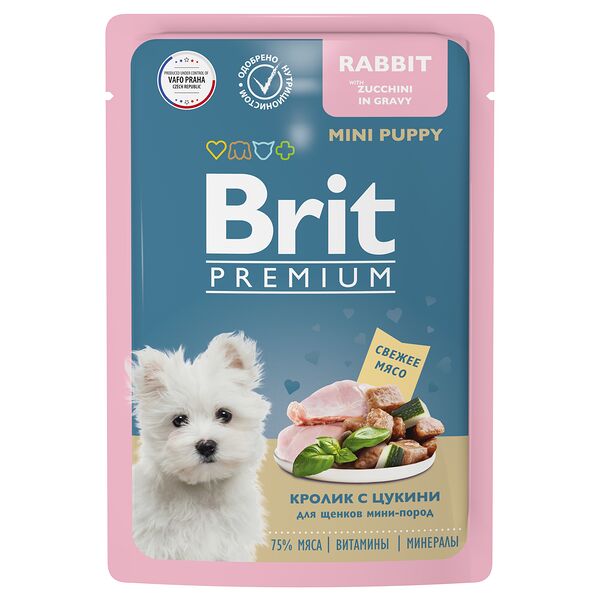 Brit Premium пауч для щенков миниатюрных пород (кусочки в соусе) Кролик с цукини, 85 г.