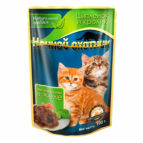 Ночной охотник пауч для котят (кусочки в желе) Цыпленок и кролик 100 г