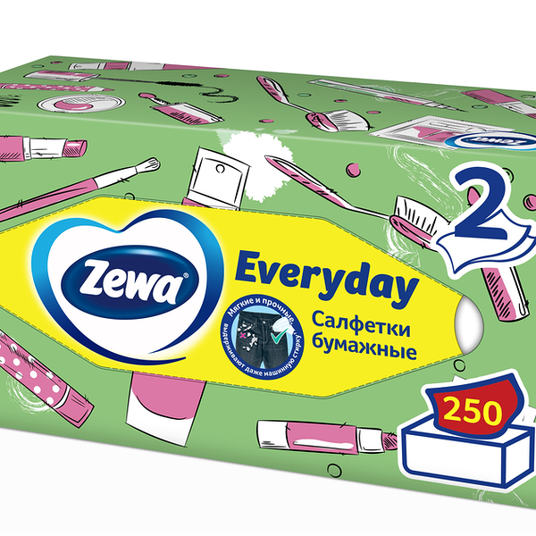 Салфетки бумажные косметические ZEWA Everyday 2 слоя, 250шт