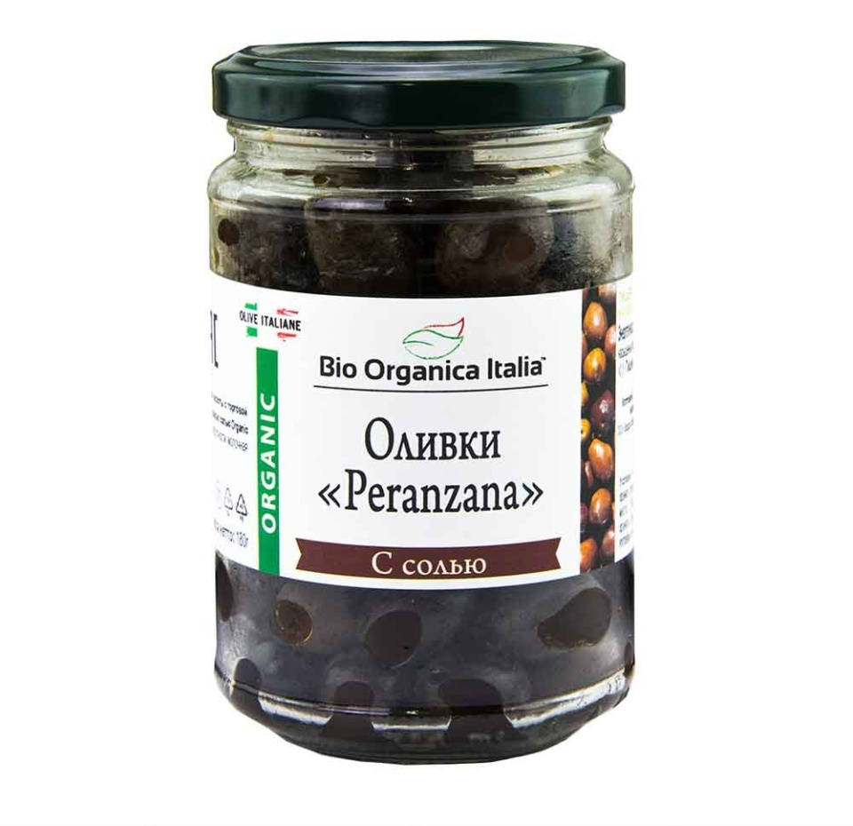 

Оливки Peranzana чёрные с косточкой с солью 180 г, Италия