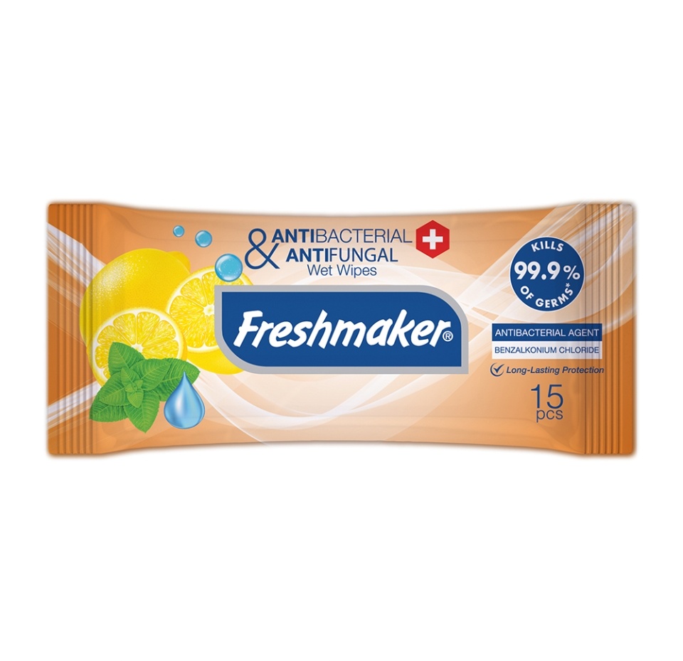 

Салфетки влажные антибактериальные, Freshmaker, 15 шт., аромат в ассортименте