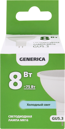 Лампа светодиодная GENERICA MR16 софит 8Вт 230В 6500К GU5.3, Арт. LL-MR16-08-230-65-GU5-G