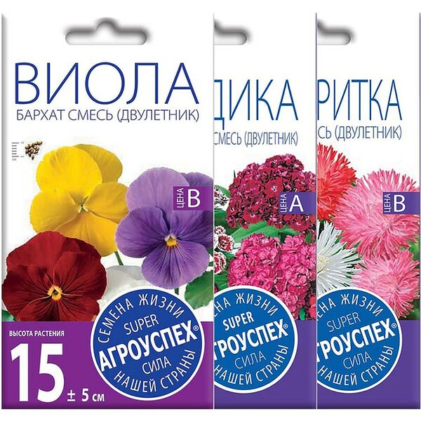 Комплект семян Агроуспех Виола Бархат + Гвоздика турецкая махровая смесь + Маргаритка Монстроза 3шт
