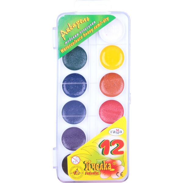 Акварель ПЧЕЛКА, 12 цв, пласт.упк., б/к 212040 упак.б/кисти 212040 пр-во РФ шт Гамма