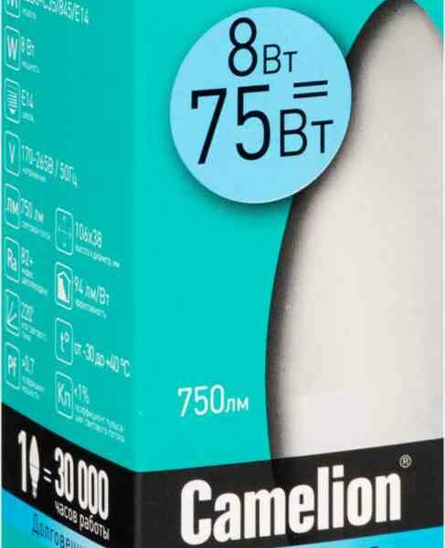 Лампа светодиодная Camelion E14 4500K холодный свет, свеча, 8 Вт