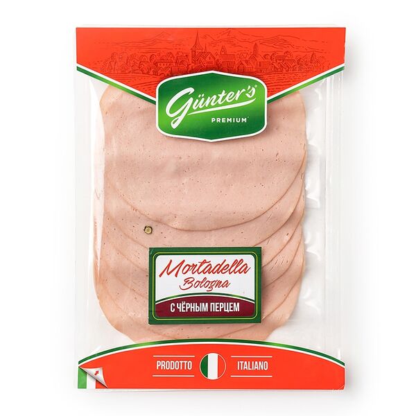 Колбаса вареная Gunter`s Мортаделла Премиум классическая с черным перцем 120г, Россия