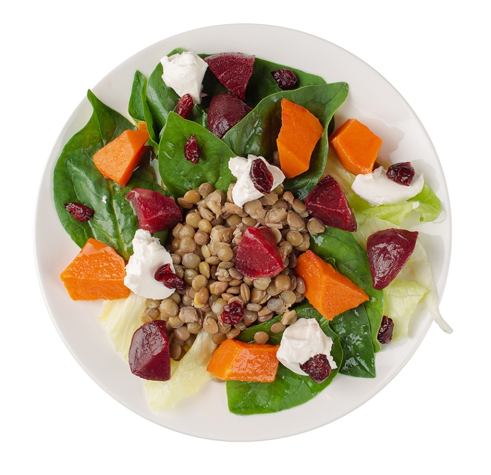 

Салат фреш с козьим сыром, шпинатом, запеченным бататом с цитрусовой заправкой