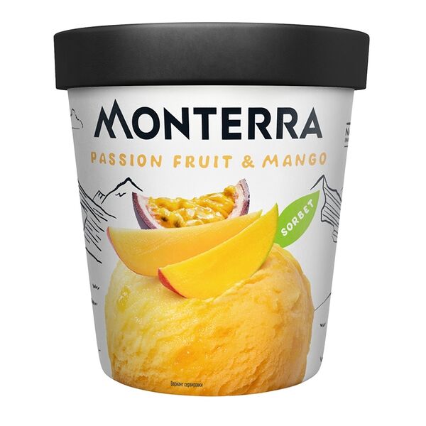 Десерт взбитый замороженный Monterra Sorbet Passion Fruit & Mango с маракуйя и кусочками манго, 300г