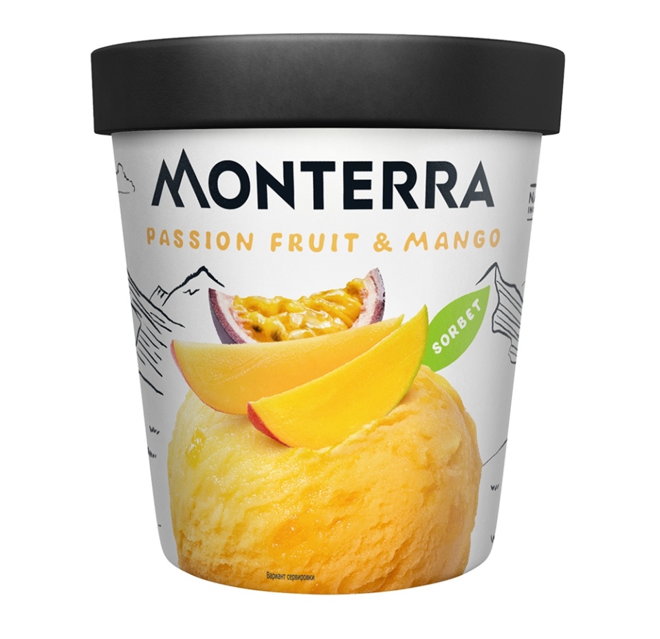 

Десерт взбитый замороженный Monterra Sorbet Passion Fruit & Mango с маракуйя и кусочками манго 300 г