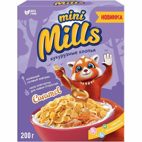 Хлопья Mini Mills кукурузные карамельные обогащённые витаминами и железом, 200г