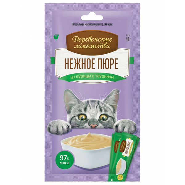 Лакомство для кошек Деревенские лакомства нежное пюре из курицы с таурином 40 г