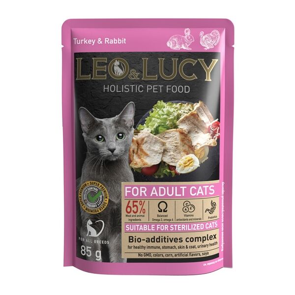 Корм влажный для кошек Leo&lucy кусочки в соусе с индейкой, кроликом и биодобавками 85г, Россия