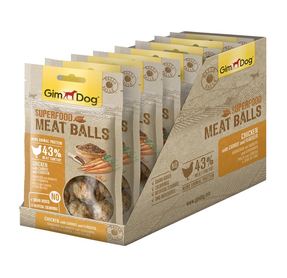 

Корм GimDog дополнительный лакомство из курицы с морковью и семенами льна, мясные шарики суперфуд 70 г, Китай