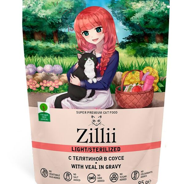 Влажный корм для стерилизованных кошек ZILLII Light Sterilized Телятина в соусе пауч для кошек 85 г