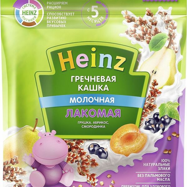 Каша гречневая молочная Heinz Лакомая Груша, абрикос, смородина, с 5 месяцев