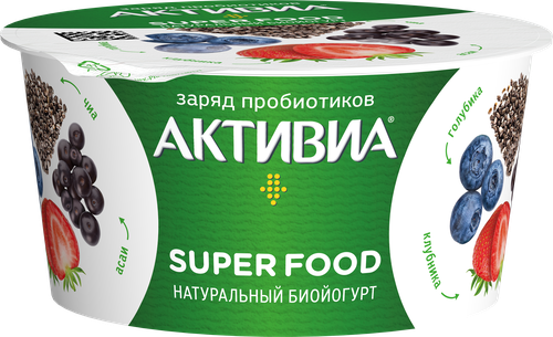 

Биойогурт АКТИВИА Super food с клубникой, голубикой, асаи и семенами чиа 2,2%, без змж, 140г