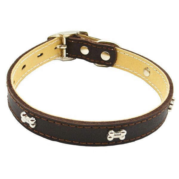 Ошейник для собак КАСКАД Косточка кожаный двухслойный шир.15мм обх.шеи 24-30см коричневый