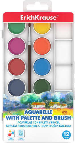 

Краски акварельные ErichKrause 12 цветов с палитрой и кистью