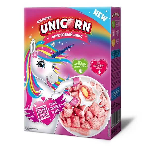 Готовый завтрак Unicorn Подушечки с начинкой со вкусом фруктовый микс 200 г