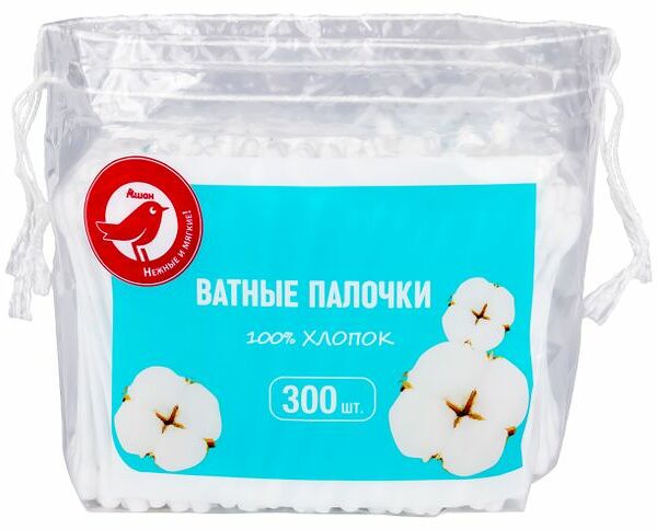 Ватные палочки Ашан Красная птица в пакете, 300 шт