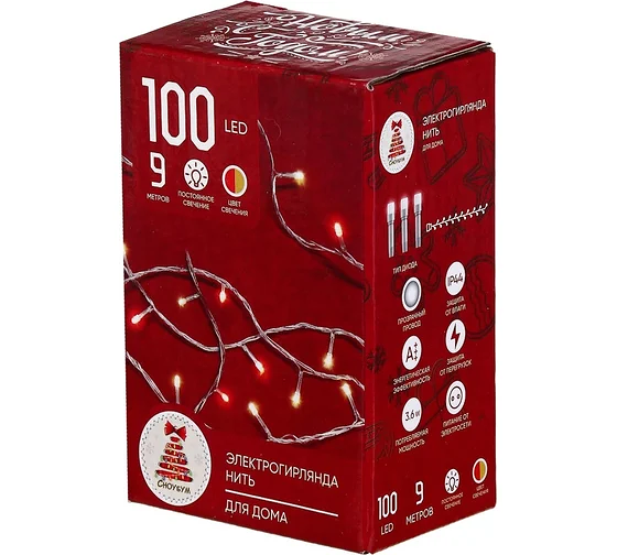 Гирлянда вьюн 9 м сноу бум, 100 led ламп, постоянное красное и золотое свечение, пвх прозрачный, 220в