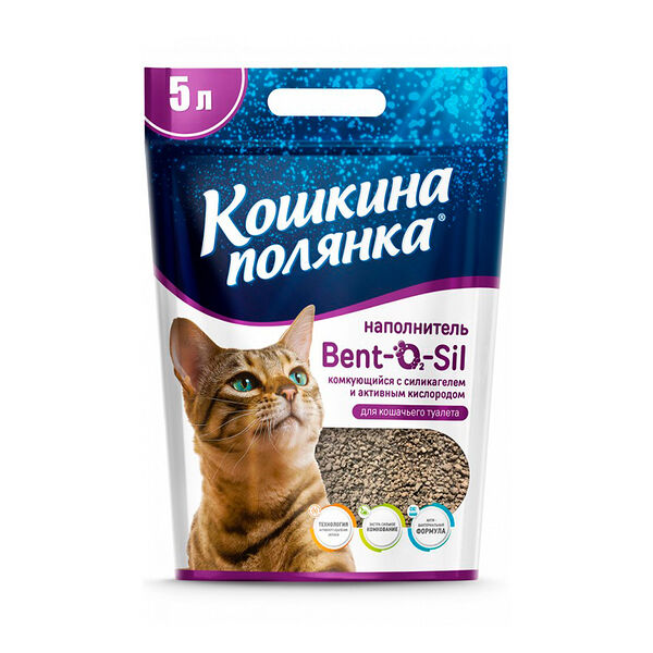 Наполнитель д/кош туалета Кошкина Полянка BENT-O2-SIL с силикагелем и активн.кислородом,комкующ.,5л