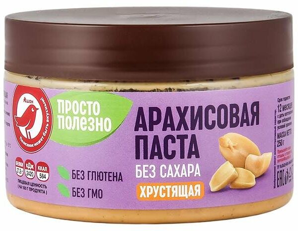 Паста арахисовая АШАН Красная птица с кусочками арахиса без сахара