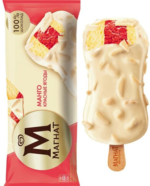 Мороженое Магнат Эскимо сливочное с Манго красные ягоды в белом шоколаде 74г
