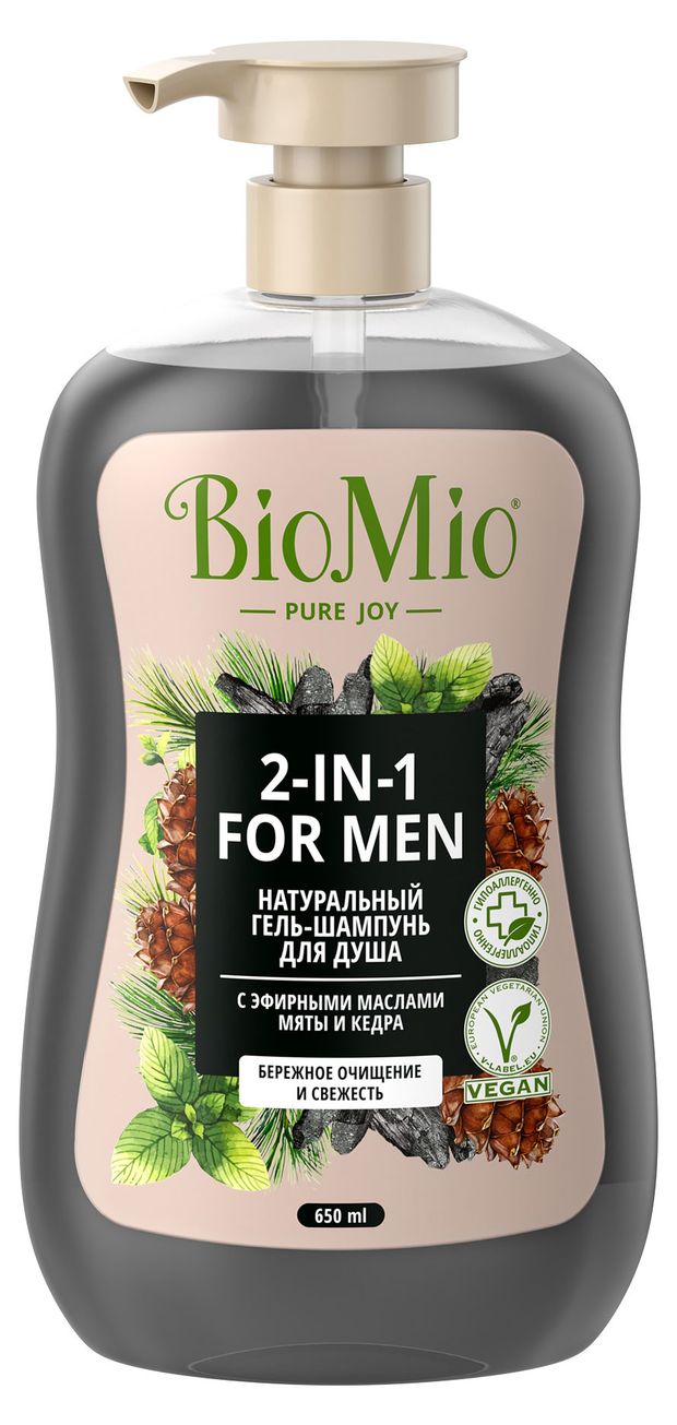 

Гель-шампунь для душа мужской BioMio For men 2 в 1 с эфирными маслами мяты и кедра 650 мл