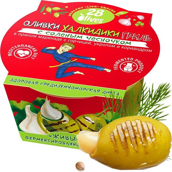 Оливки 28 olives Халкидики Гриль с соленым чесночком в пряном маринаде с горчицей, укропом и кориандром 150г
