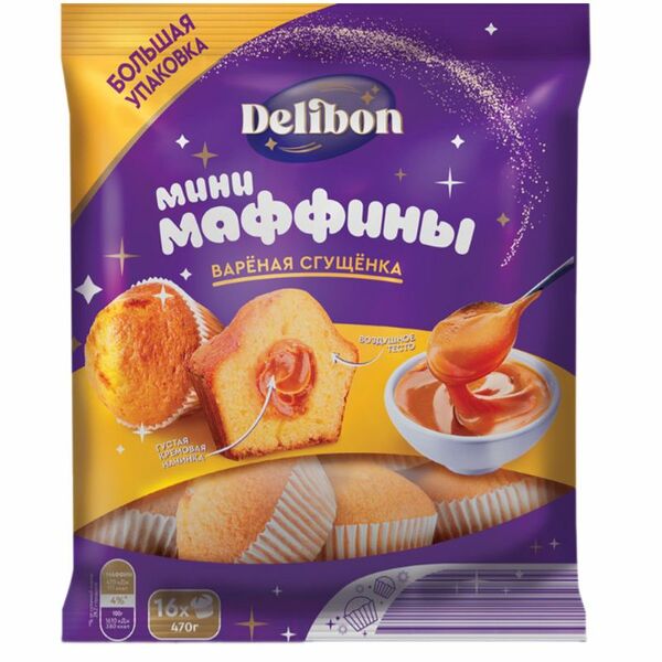 Мини-маффины Delibon с начинкой варёная сгущёнка, 470г