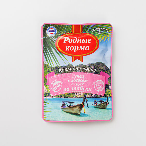 Влажный корм для кошек Родные корма Заморские Тунец с лососем в соусе по-тайски 70г