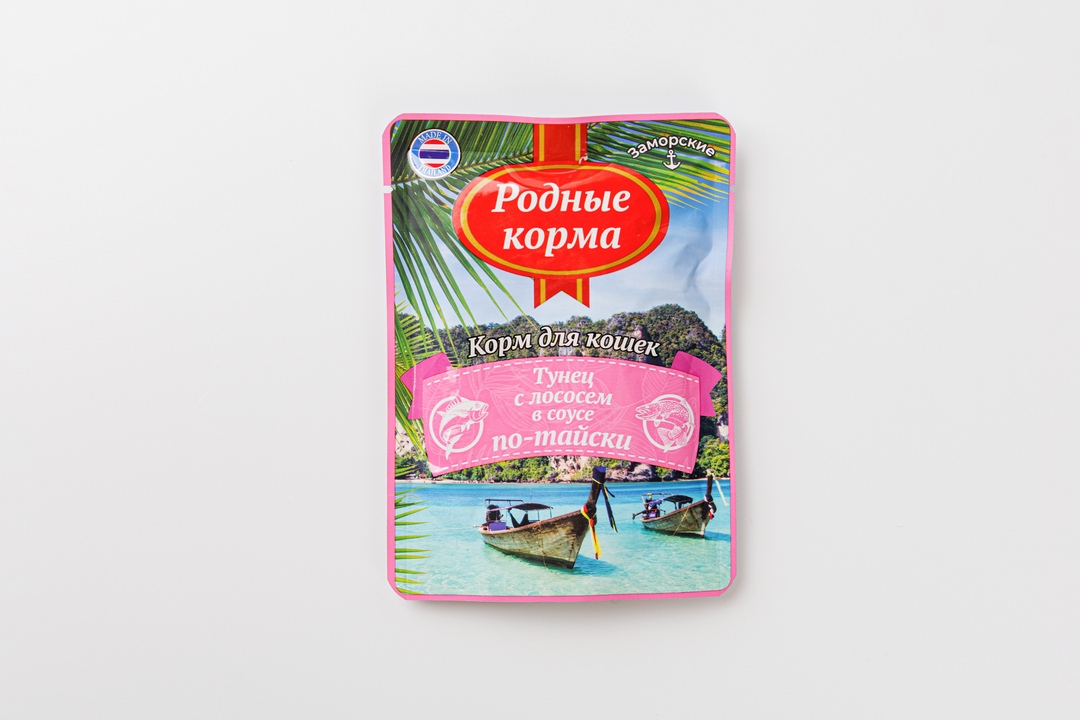 

Влажный корм для кошек Родные корма Заморские Тунец с лососем в соусе по-тайски 70 г