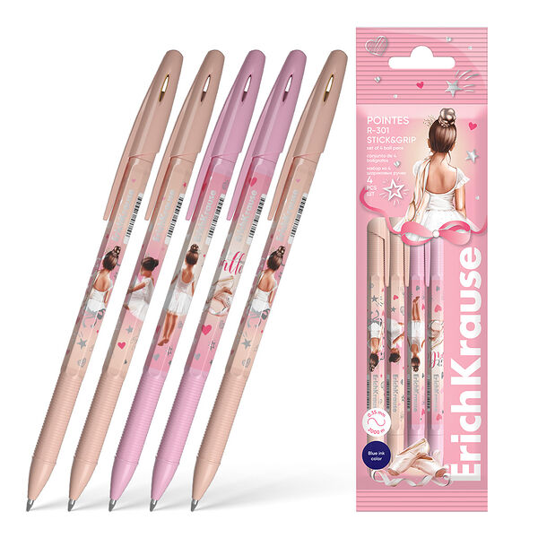 Набор ручек ErichKrause R-301 Stick&Grip Pointes шариковых синих, 4шт