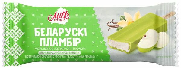 Мороженое Milk Republic Беларуский пломбир с ароматом ванили в оболочке из фруктового льда яблоко БЗМЖ 70 г